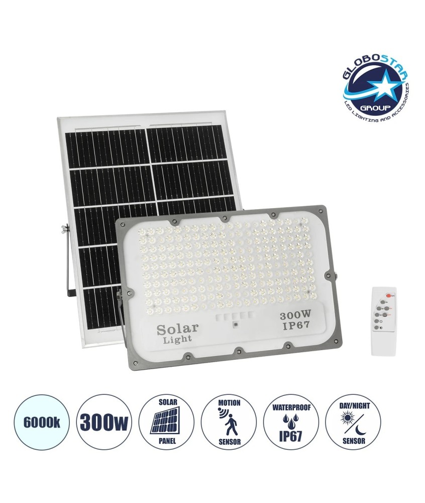 GLOBOSTAR® LUMOVOX 73069 Προβολέας LED 300W 15000lm 120° DC 5V με Φωτοβολταϊκό Panel 5V 20W & Επαναφορτιζόμενη Μπαταρία Li-ion 3.2V 15000mAh Αδιάβροχο IP67 Ψυχρό Λευκό 6000K - 360 x SMD2835 Sanan Chip - Γκρι Ανθρακί - Μ37 x Π7.5 x Υ27cm - 2 Χρόνια Εγγύηση